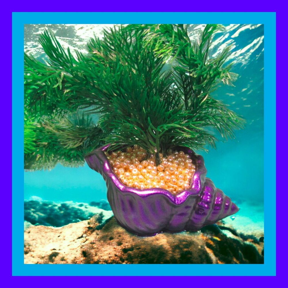 Aquarium Decoration - Purple Shell with Green Artificial Plant and Pearls.